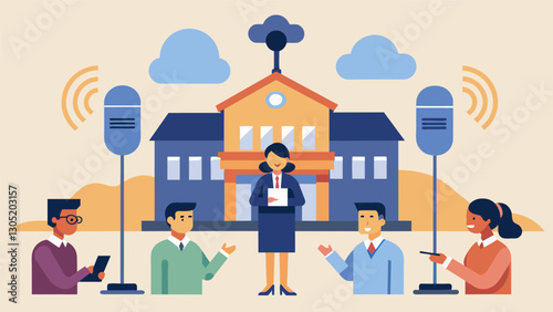 The schools PA system carries the voices of the student broadcasters to every corner of the building uniting students and staff in a shared experience.. Vector illustration