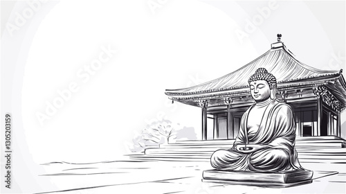 A grayscale illustration depicts a seated Buddha statue in front of a traditional Asian temple. The style is reminiscent of ink wash painting, with subtle shading and linework defining the forms.