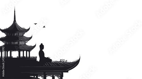 The image is a minimalist black and white illustration or drawing.  It depicts a stylized pagoda with a tiered roofline and a figure in a meditative pose seated on the pagoda's roof. The background