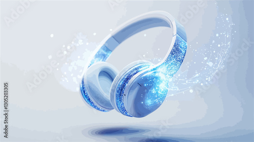 A digital rendering of a pair of white and light blue over-ear headphones floating against a light gray background.  The headphones are subtly illuminated, and glowing blue particles emanate from