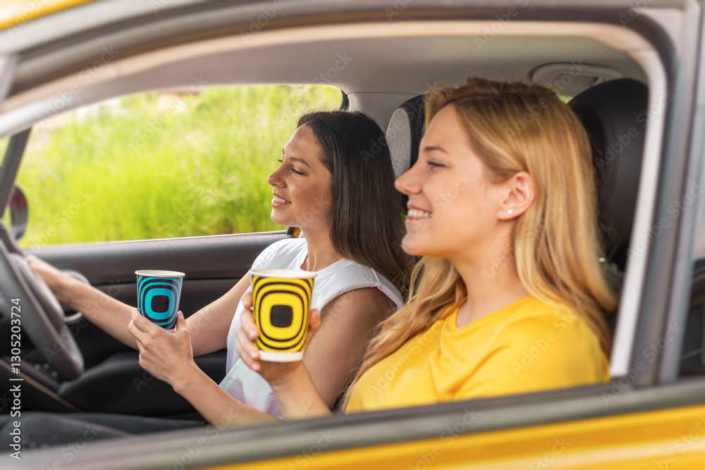 Two women are enjoying a car ride together, holding stylish takeaway coffee cups and smiling, creating a warm and friendly atmosphere.