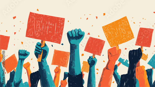 Illustration depicting numerous hands raised in the air, holding rectangular signs with illegible text.  The signs are predominantly orange and red hues. The hands are stylized, with varying skin