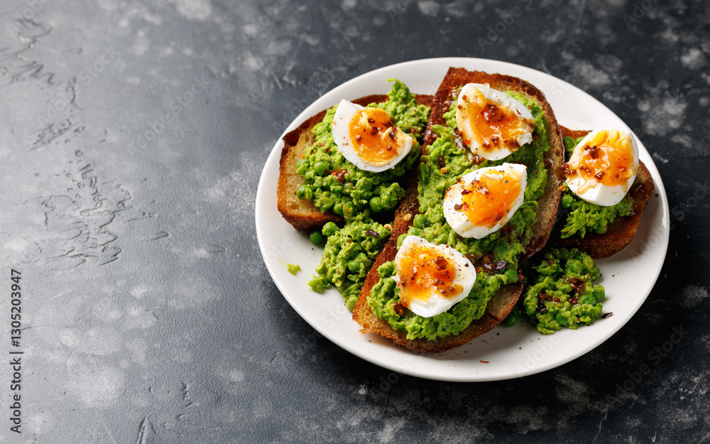 Smashed peas and egg sourdough toast with whole grain mustard sauce. Protein packed vegetarian food concept Smashed peas and egg sourdough toast with whole grain mustard sauce. Protein packed vegetarian food concept