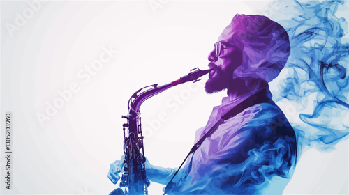 A stylized profile portrait of a man playing a saxophone. The image is predominantly in shades of blue and purple, with abstract smoke or vapor effects integrated into the figure.  The background