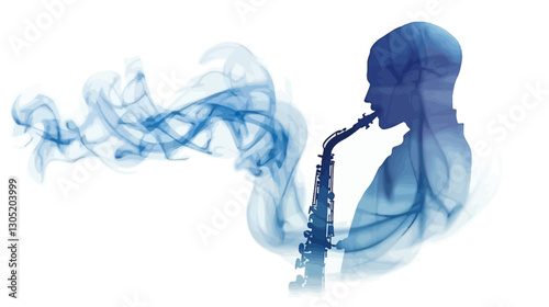 The image is an artistic representation of a person playing a saxophone.  The figure is depicted as a semi-transparent blue silhouette, overlaid with abstract swirls of blue smoke emanating from