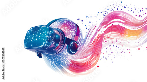 A digital illustration depicting a virtual reality headset surrounded by abstract, colorful, dynamic waves.  The headset is rendered in shades of blue and black with sparkling particles. The waves