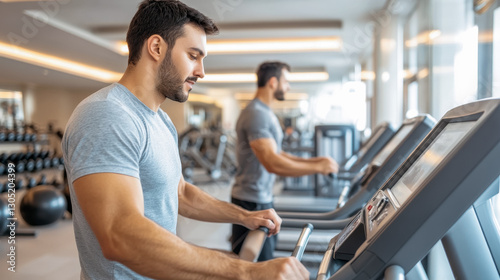 Young caucasian male working out on treadmill in modern gym