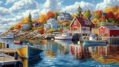 A quaint harbor with colorful fishing boats