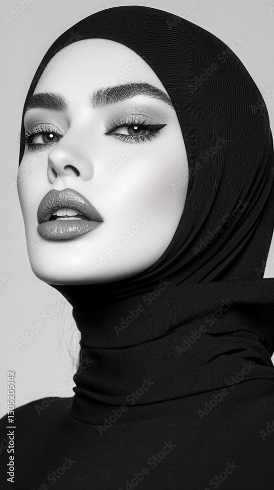 Fototapeta premium Close up monochrome portrait of a young woman wearing a black hijab, her makeup featuring glitter eyeshadow and bold lips. The background is a neutral gray.