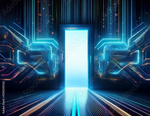 futuristic open door illuminated by vibrant neon lights symbolizes new opportunities and innovation the digital technology backdrop represents a convergence of reality and imagination