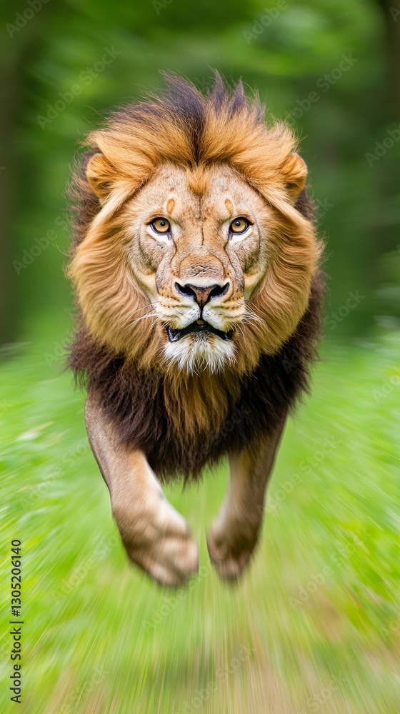 Obraz premium Majestic male lion charging forward, vibrant golden mane, intense gaze, blurred green grass background, motion effect, wildlife photography.