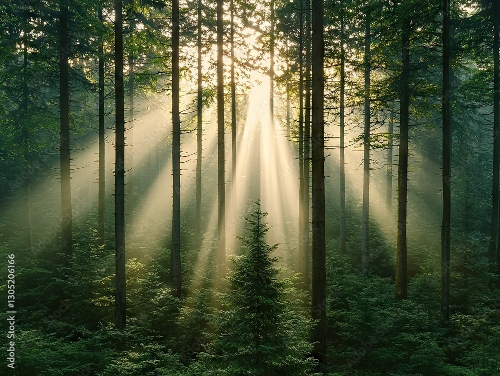 Obraz premium Sunlight streaming through trees enchanted forest nature photography serene atmosphere captured moment