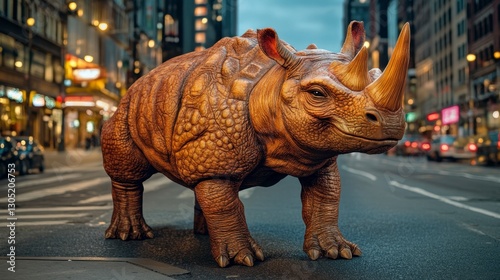 A large, brown rhinoceros stands on a city street at night. City lights and buildings create a dramatic background.  The rhino appears to be a statue or digital rendering.