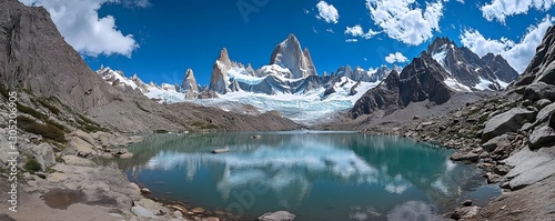A breathtaking view of Patagonia’s towering mountains, with snow-capped peaks reflecting in a crystal-clear glacial lake