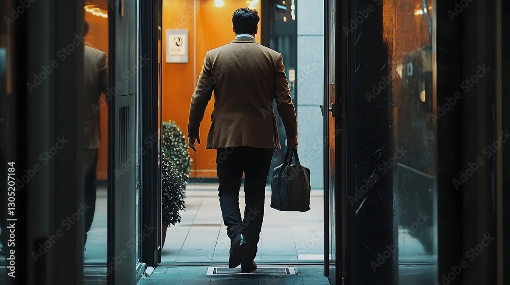 Fototapeta premium Businessman walking confidently through a modern office corridor carrying a briefcase representing the corporate professional lifestyle career ambition and workplace environment