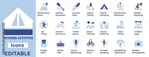 Adventure ready Outdoor Activities vector icons for camping, hiking, sports and travel. Perfect for web and print