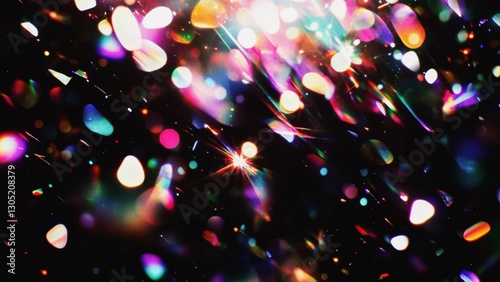 Iridescent prism light refraction with colorful bokeh lens flare, shimmering spectrum reflections, and glowing overlay effect on a dark background
