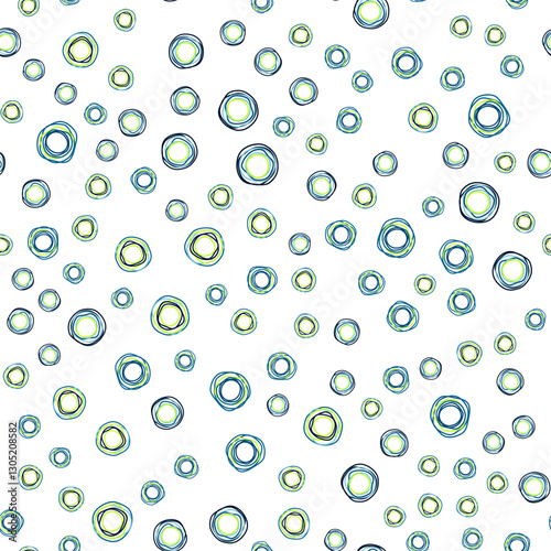 A lively and colorful design showcasing hand-drawn circular patterns in blue and green tones.