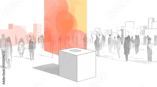 The illustration depicts a large crowd of stylized, gray figures surrounding a central, white cube. The figures are indistinct and lack individual features.  Behind the cube is a large, abstract