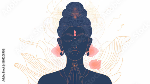 A stylized illustration of a woman's head and shoulders. The woman has dark skin and an elaborate updo hairstyle. She wears earrings and a bindi. Her expression is serene and peaceful.  The