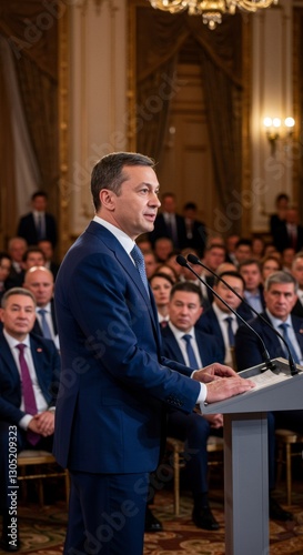Caucasian male politician delivering speech at formal government meeting in elegant hall. Leadership presentation at official ceremony. Public speaking and political event concept