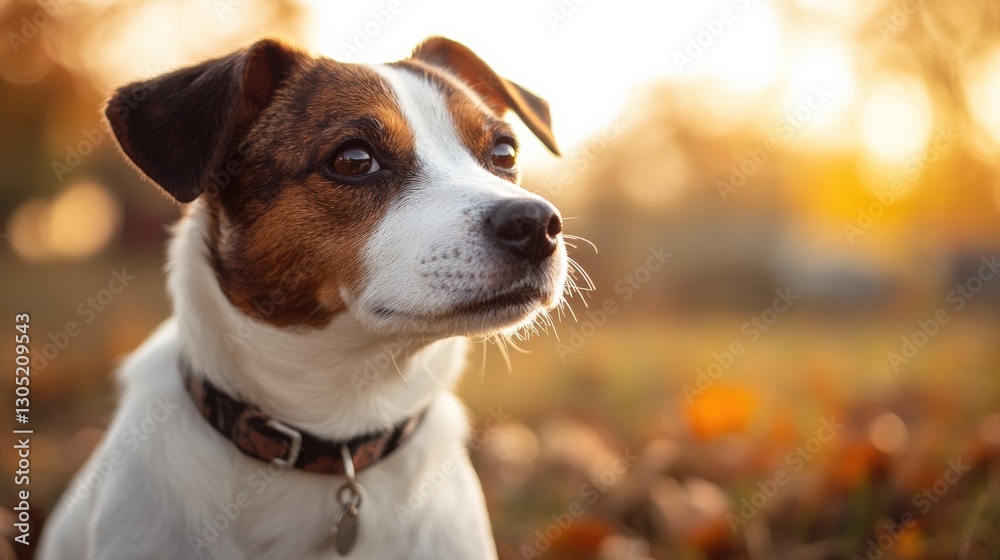 Jack Russell Terrier enjoys a warm sunset in an autumn park surrounded by orange leaves and soft light Jack Russell Terrier enjoys a warm sunset in an autumn park surrounded by orange leaves and soft light