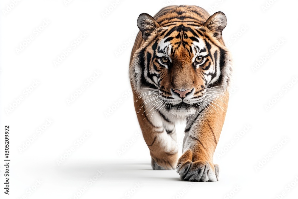 Obraz premium Majestic Stroll: A captivating tiger strides forward, its powerful presence and intense gaze command attention, a striking display of nature's beauty.