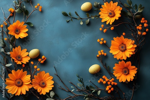 Colorful Spring Arrangement With Orange Flowers and Decorative Eggs on Teal B...