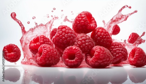 ripe red raspberries falling against white background create vibrant and fresh display