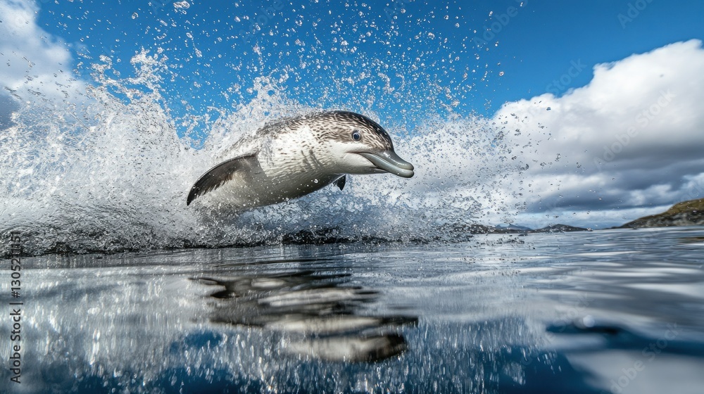 Obraz premium Antarctic Penguin Leaping in Splashing Water