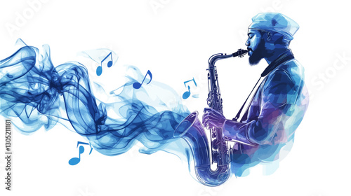 The image is an artistic representation of a saxophonist.  The figure of the musician playing a saxophone is rendered in shades of blue, partially translucent and overlaid with stylized blue smoke