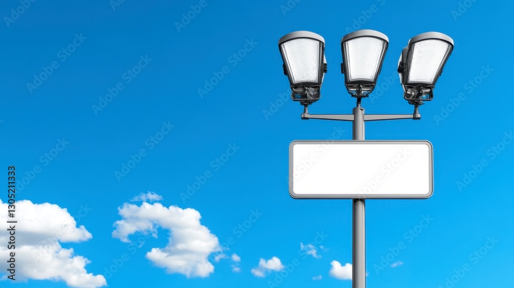 Blank billboard attached to a metal pole with three lights against a bright blue sky with fluffy white clouds. Perfect for your message. Blank billboard attached to a metal pole with three lights against a bright blue sky with fluffy white clouds. Perfect for your message.