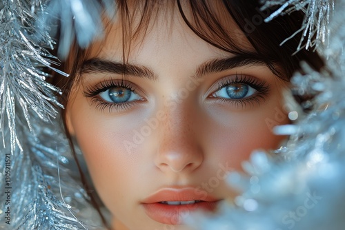 Close-up of a Young Womans Face Framed by Festive Decorations in Soft Winter ...