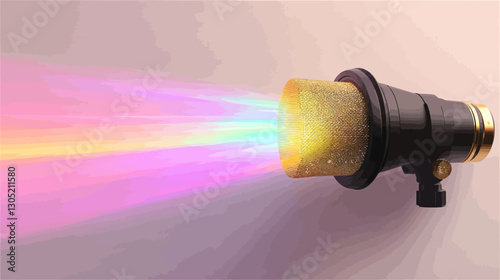 Close-up shot of a small, cylindrical device emitting a vibrant, multi-colored light beam. The beam displays a clear spectrum of colors, resembling a rainbow, emanating from a seemingly smooth,