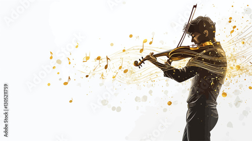 The image is a stylized depiction of a man playing a violin.  The subject is presented as a partially transparent silhouette against a bright white background.  A stream of golden, abstract musical