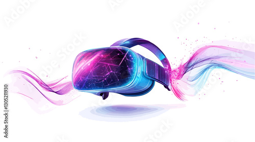 The image showcases a virtual reality headset floating against a white background.  The headset is rendered in shades of purple and blue with internal light effects suggesting energy or data flow.