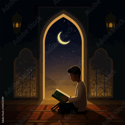 Boy Reading Book by Window with Moon in Night Sky