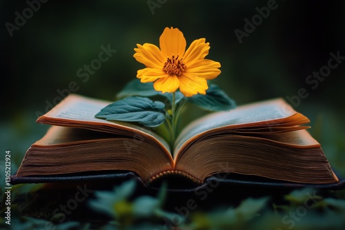 Open Book With Yellow Flower Growing From Pages in a Tranquil Natural Setting