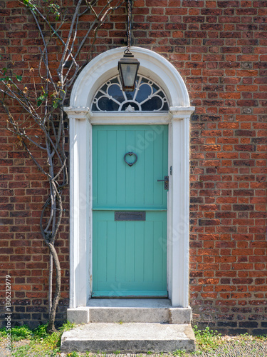close up of an old green wooden house door with a hanging lamp and tree growing up the brick wall