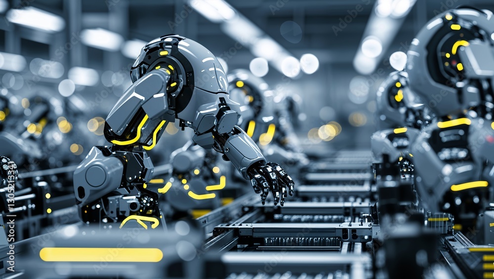 Fototapeta premium Advanced robotic arms working on an assembly line in a modern factory during the afternoon