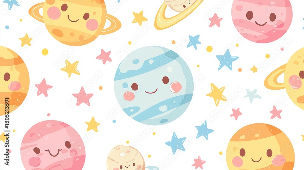 Smiling Planets And Stars Floating On A White Background