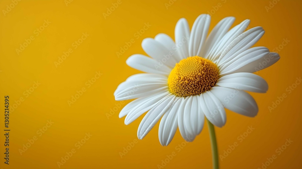 Naklejka premium Sunny Daisy: A single daisy blooms brightly against a vibrant yellow background, its delicate white petals and golden center radiating pure joy and freshness. 