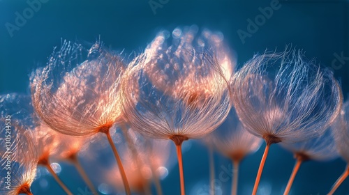 Dandelion Seed Heads Illuminated by Soft Light Against a Blue Background in a...