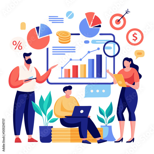 Professionals engage in collaborative trend analysis using charts, graphs, and digital devices in a vibrant office environment. They discuss insights derived from data while seated and standing