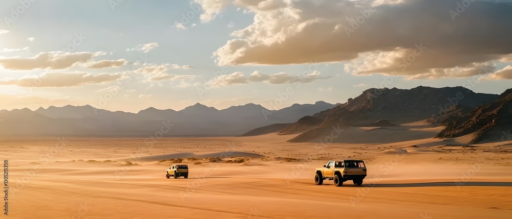 Obraz premium Serene desert landscape with expedition vehicles traversing the rugged mountain terrain during a vibrant sunset The dramatic sky and natural beauty of the remote