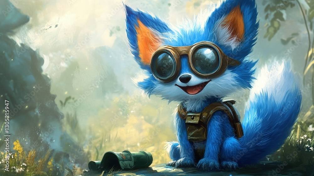 Fototapeta premium A bright blue fox with oversized ears, a mischievous grin, and a fluffy tail, wearing a small aviator hat and goggles, ready for adventure.