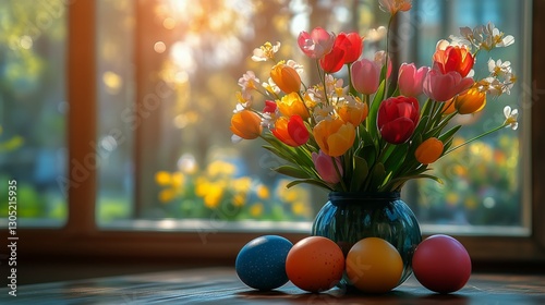Colorful Spring Flowers in a Vase With Decorative Eggs on a Wooden Table by a...