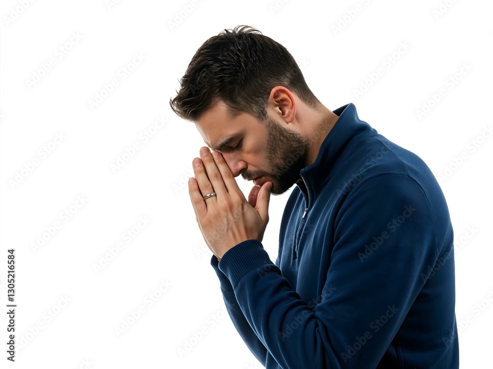 A man is praying. White background. His attitude and face expression show his faith and devotion. A man is praying. White background. His attitude and face expression show his faith and devotion.