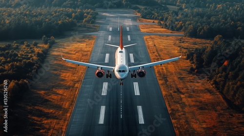 Aircraft Preparing for Takeoff on a Runway at Sunset Over a Rural Landscape