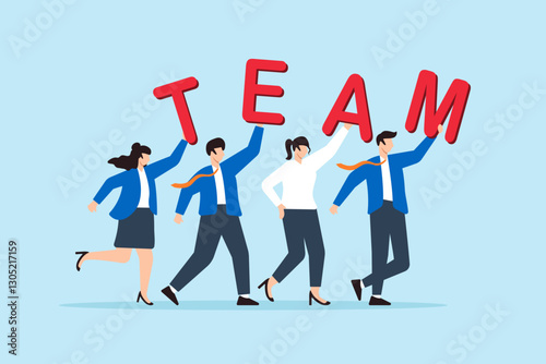 Flat illustration business people walk together holding word TEAM symbolizing teamwork and success
